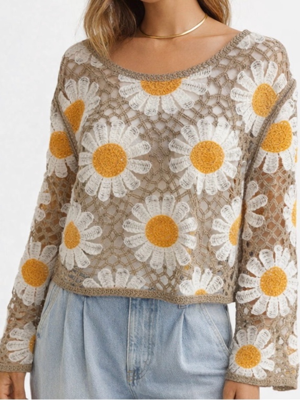 🌼Crochet Daisy Lace Sheer Top Long Sleeve White Yellow Taupe L - Picture 11 of 14
